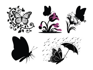 Naklejka premium Spring Butterflies Silhouette Set | Floral Butterfly Clipart | Hello Spring Design