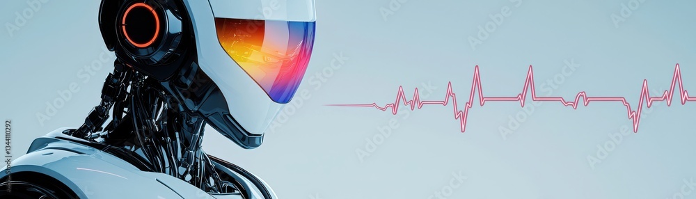 Aufkleber a futuristic robot with a sleek design and colorful visor displays a heartbeat graph, symbolizing th