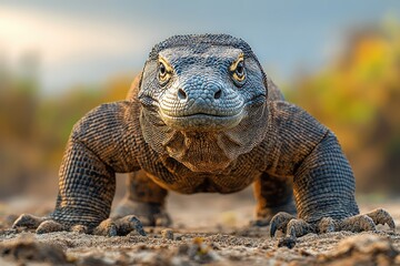 Obraz premium Komodo dragon facing camera, Indonesian island, sunset, wildlife documentary