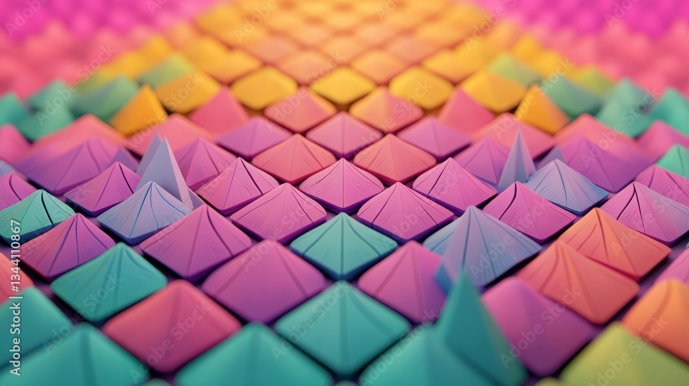 Poster a vibrant high-tech surface adorned with triangular pyramids, set against a multicolored geometric 3