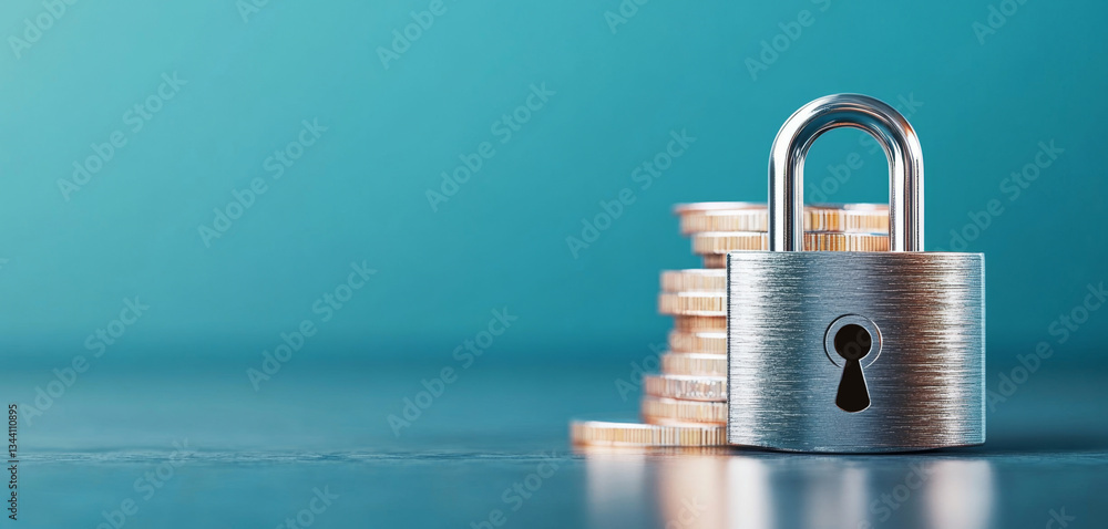 Poster a shiny padlock rests beside a stack of gold coins, representing the importance of security in banki