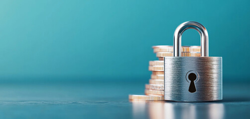 A shiny padlock rests beside a stack of gold coins, representing the importance of security in banking. This visual emphasizes financial privacy and protection of assets.