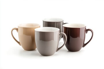Four ceramic mugs in neutral tones arranged on a white surface in a studio setting with soft lighting