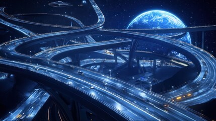 Fototapeta premium Space Highway Network, Earth Orbit, alien Vehicles