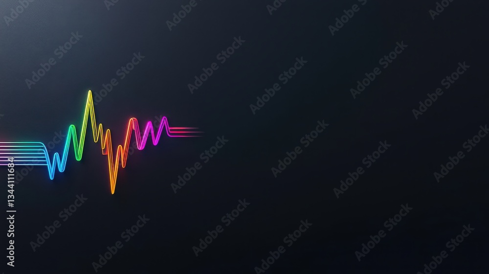 Poster a colorful waveform on a black background, representing sound or audio visualization, with vibrant l