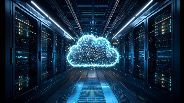 Futuristic Data Center with Holographic Cloud Icon and Glowing Server Infrastructure