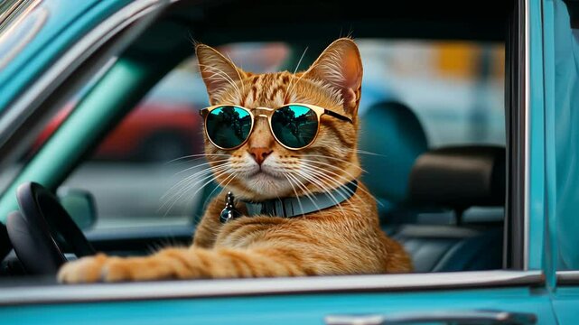 Cool cat driving a vintage blue car with sunglasses in the city on a sunny day