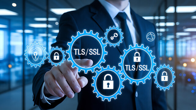 TLS/SSL Encryption &ndash; Secure Data Transmission & Cybersecurity, secure connection, HTTPS, website security, digital certificate, data encryption, network security, TLS handshake, SSL certificate.