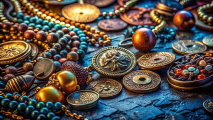 Fototapeta premium Macro Photography: Close-up of Assorted Coins and Jewelry Accessories