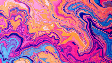Abstract vibrant marble swirl pattern in pink, blue, orange and yellow colors.