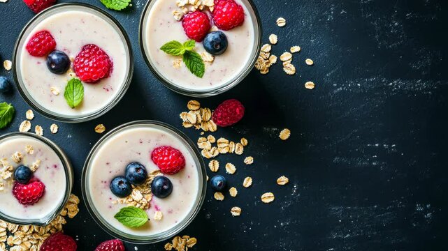 Delicious berry smoothie bowls with oats and mint leaves prepared in a modern kitchen setting