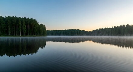 Obraz premium A serene early morning fog over a calm lake, with mist hovering over the water, and tall trees reflected in the still surface, Ai Generated