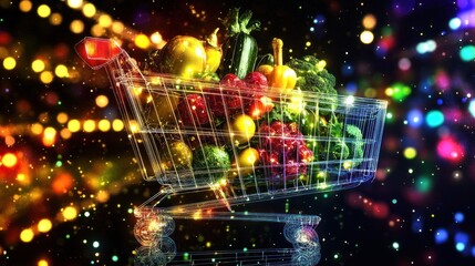 Fresh produce shopping cart; vibrant bokeh background; digital art