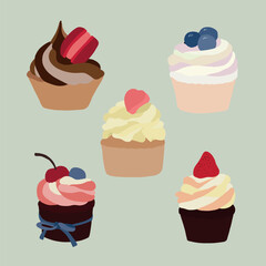 Hand-drawn illustration. Colorful set of vector cupcakes