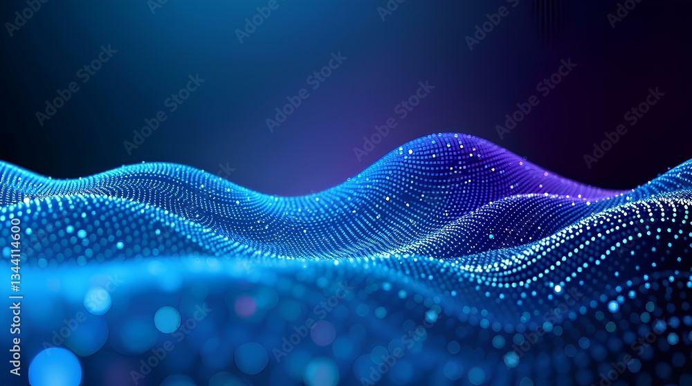 Poster smooth blue and violet flowing wave of glowing particles with soft light transitions