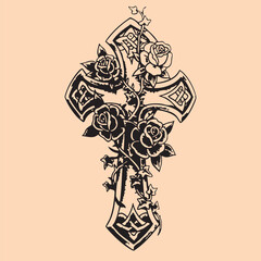 black and white tattoo design of Jesus Christ and God Cross