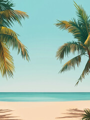 A beach scene in the summer, with palm trees on the sandy beach and a clear blue sky. In the center, there is an open space on the beach, creating a focal point.
