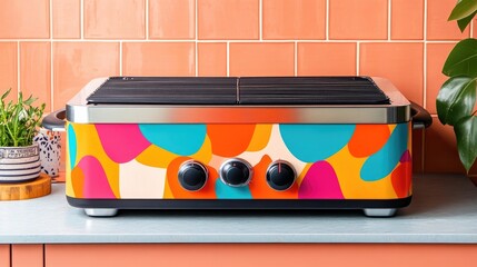 Small countertop grill with a bold geometric design on a light peach backdrop