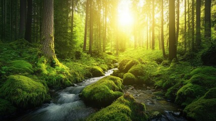 Obraz premium Sunlit Forest Stream, Mossy Rocks