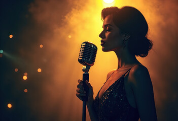 Side profile of female jazz vocalist with vintage microphone in moody lighting for music blogs, album covers, event promotions, and International Jazz Day celebrations