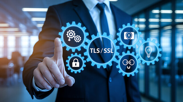 TLS/SSL Encryption &ndash; Secure Data Transmission & Cybersecurity, secure connection, HTTPS, website security, digital certificate, data encryption, network security, TLS handshake, SSL certificate.
