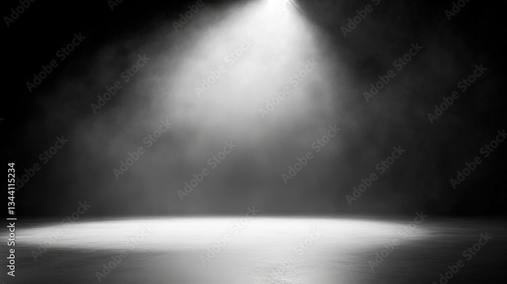 Poster a dimly lit stage illuminated by a spotlight, creating a dramatic atmosphere with smoke and shadows 