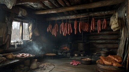 Smokehouse chamber filled with hanging sausages curing in the warm, smoky air