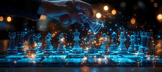 Glowing blue chess pieces on dark background with hand making strategic move, surrounded by magical light particles and bokeh effects. Strategic game concept.