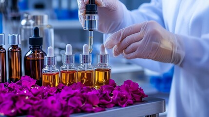 A scientist in a lab carefully extracts essential oils from flower using a dropper