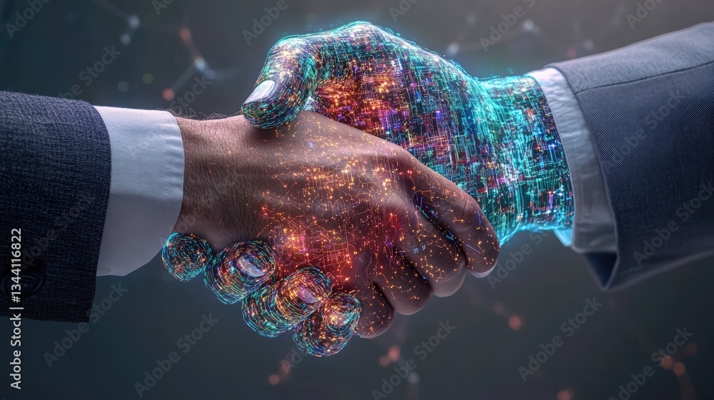 Poster a stylized representation of a handshake between a human hand and a digital ai hand signifying the c