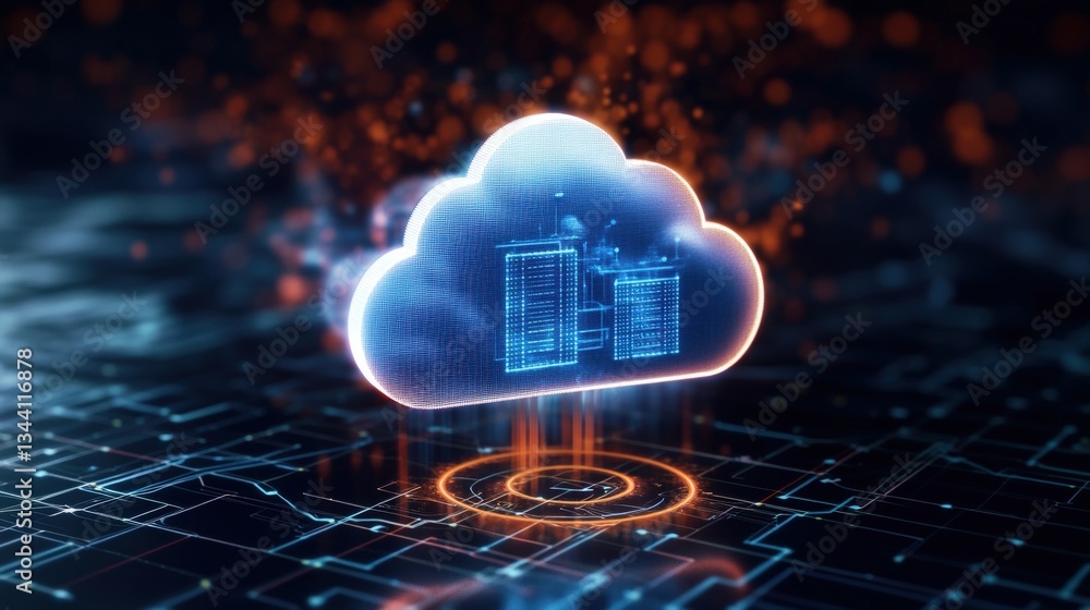 Poster glowing blue cloud icon with server rack data visualization above a dark circuit board surface symbo