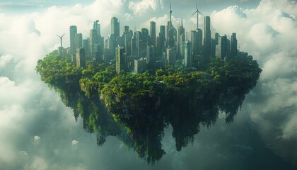 Floating Island Eco-Friendly Green Energy Technologies Surreal Concept Art Sustainable Nature Future Innovation