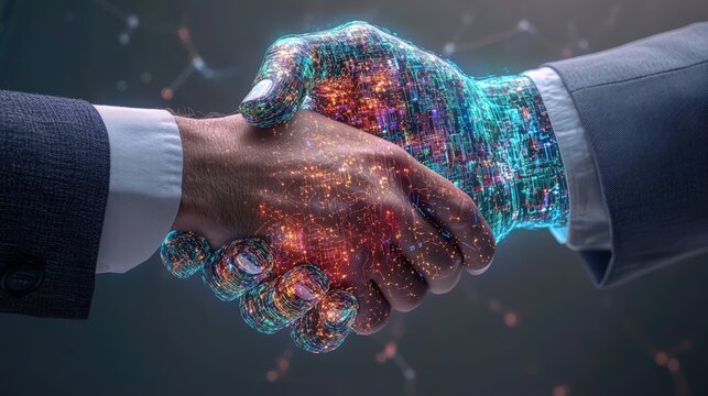 A stylized representation of a handshake between a human hand and a digital AI hand signifying the collaboration of human and artificial ligence technology