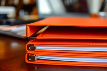 Bright orange folder filled with documents organized on a desktop