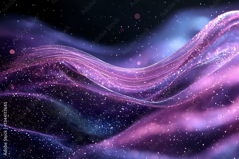 Poster magical cosmic waves with glowing purple and pink nebula streams flowing through starry space backgr