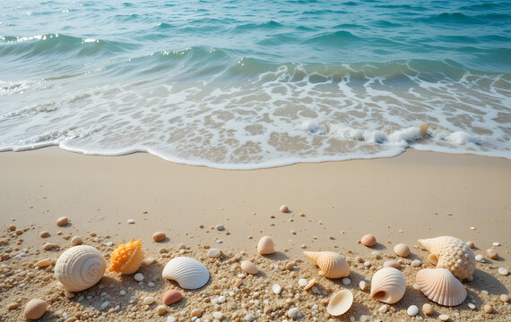 Seashells and starfish on beach sand with waves - Powered by Adobe