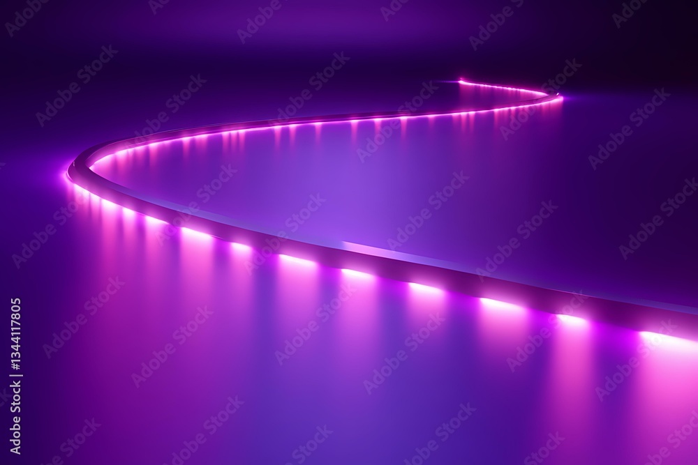 Aufkleber curved line of glowing pink led lights creating path on purple surface with reflection, modern minim