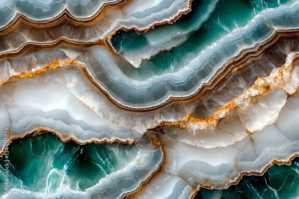 Poster natural agate crystal slice macro photo showing detailed layers in turquoise, brown and white with t