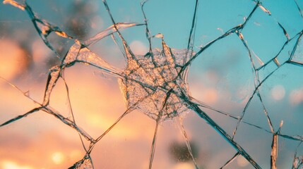 Transparent glass cracks forming a starburst pattern over a soft pastel background
