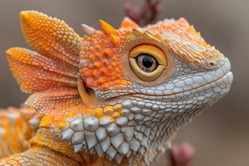 Fototapeta premium Orange lizard profile, detail, nature, branch, background, wildlife, exotic, reptile, close-up, poster