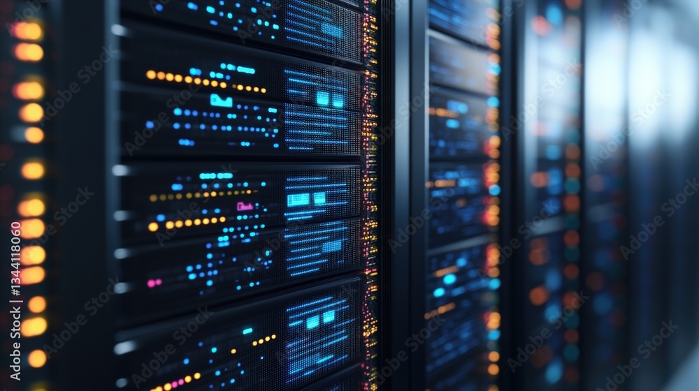 Poster close-up of multiple illuminated server racks in a high-tech data center showcasing various indicato