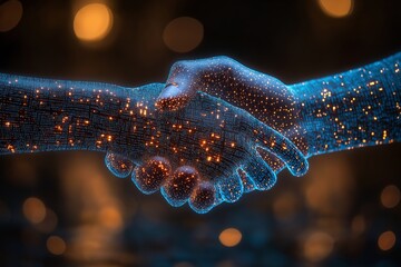 Two AI Entities Shaking Hands in a Futuristic Cyber Network Environment