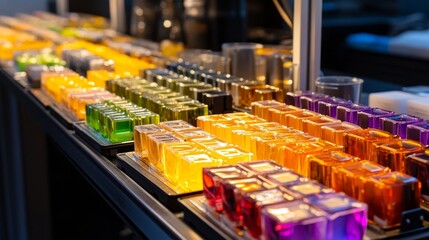 Obraz premium Colorful array of scented candles displayed on shelves in a modern store with ambient lighting