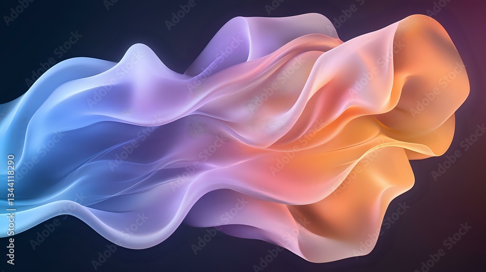 Poster flowing abstract smoke waves in blue, purple, and orange gradient colors creating dynamic fluid moti