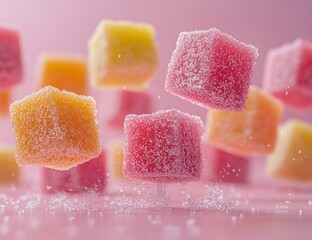 Pink background, sugary cubes levitate,  candy confectionery, food photography