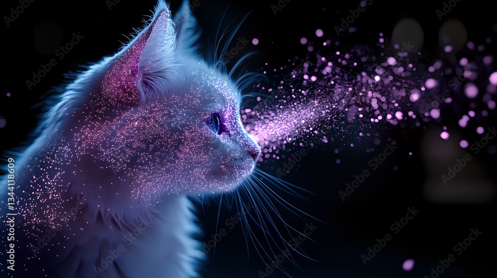 Poster white cat profile with magical glowing purple particles and sparkles emanating from nose against dar