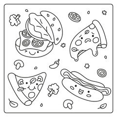 Coloring page. A set of fast food in a cute style. Hamburger, hot dog, pizza.