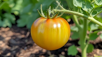 Fresh yellow tomato growing on vine in organic garden, showing natural ripening process with green stem and fuzzy leaves against soil background.