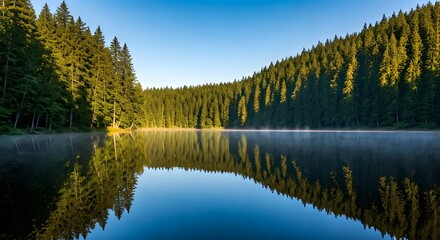 Obraz premium A tranquil lake surrounded by dense forests, with reflections of the trees and blue sky, and mist rising from the water, Ai Generated