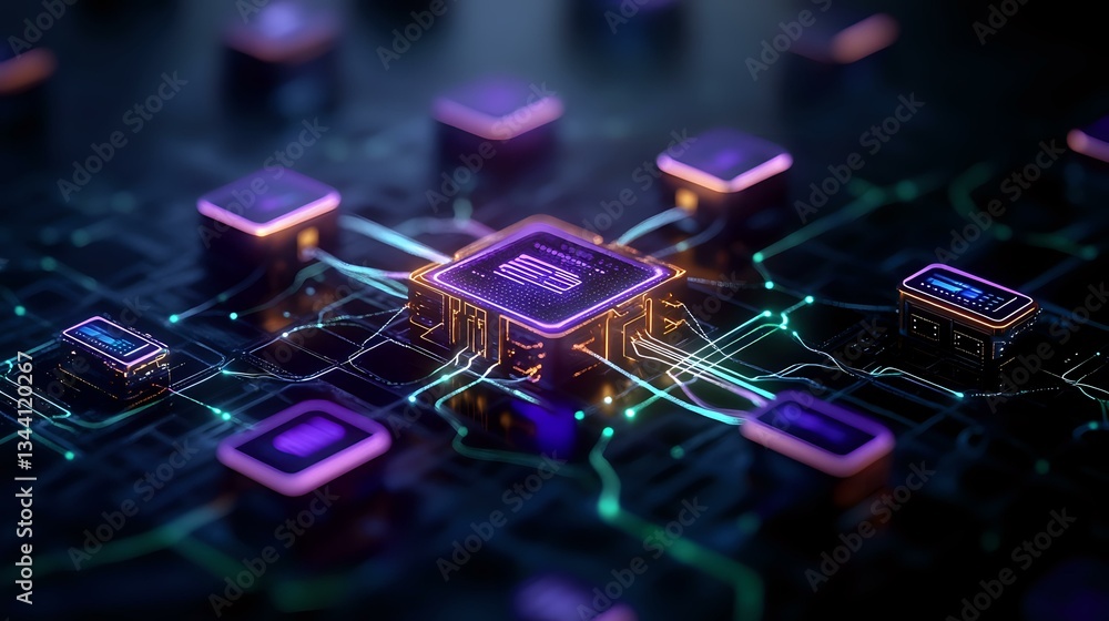 Poster glowing microchip processor with neon purple and blue circuit connections on dark background, modern